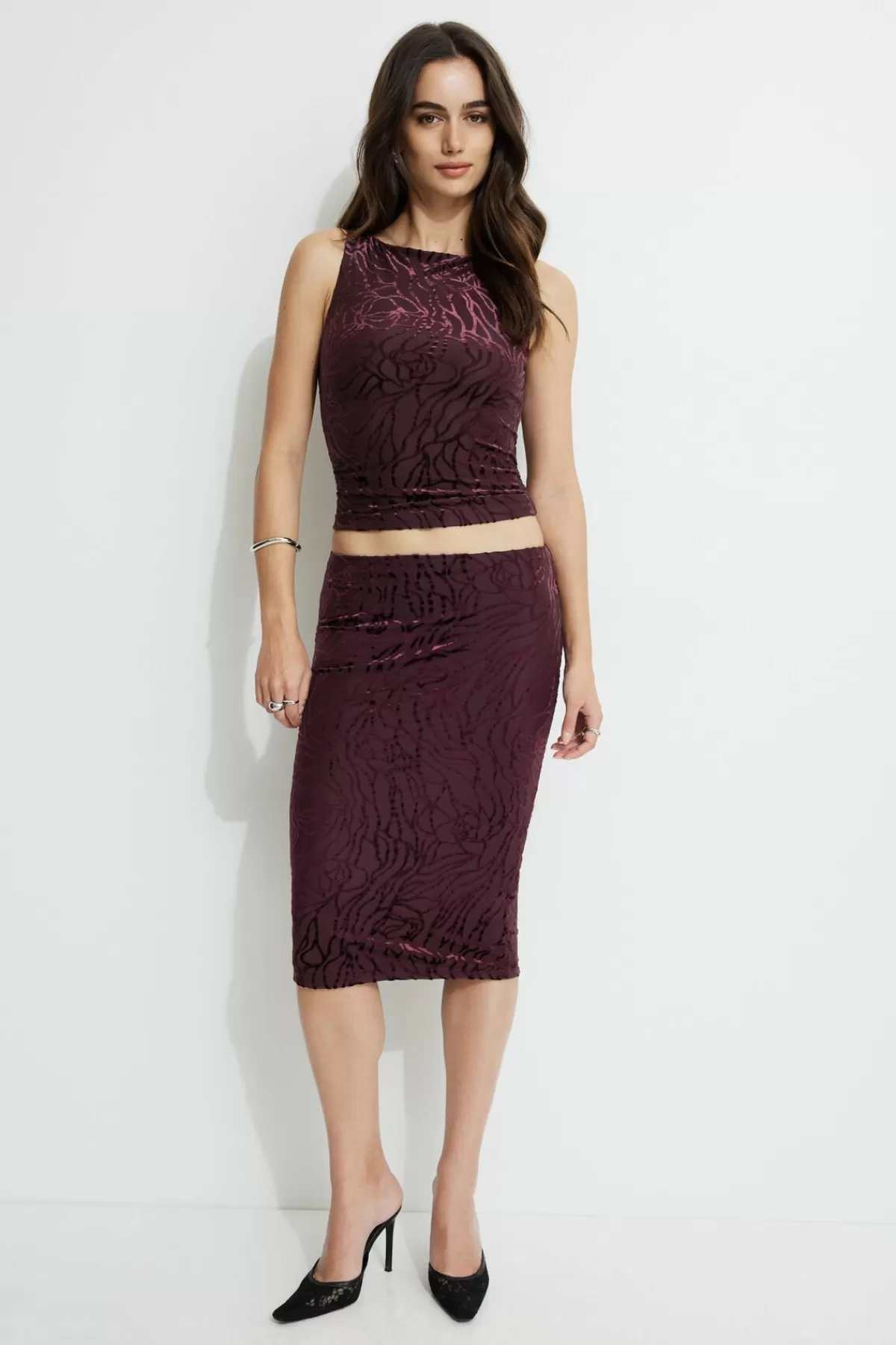 Dynamite Alana Burnout Midi Skirt Burgundy New