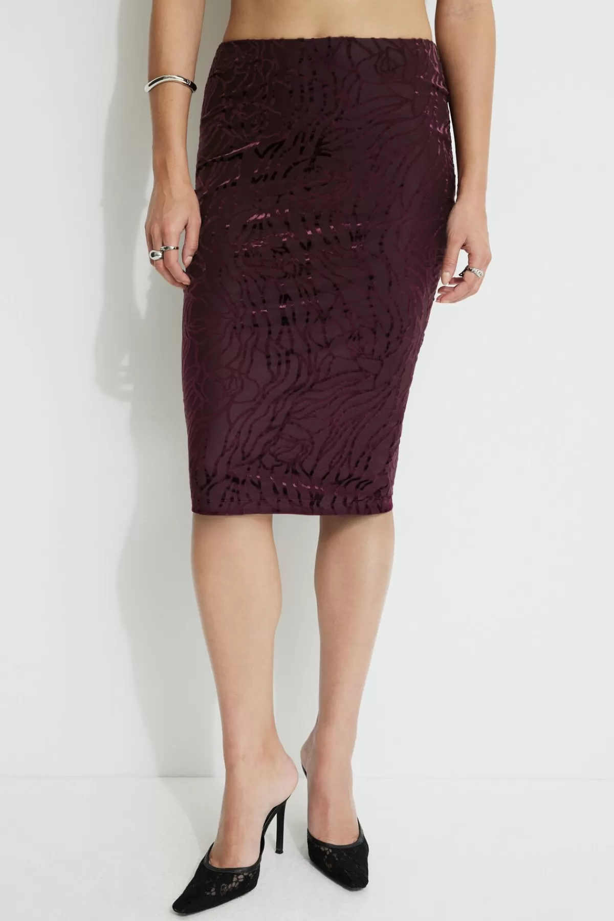 Dynamite Alana Burnout Midi Skirt Burgundy New