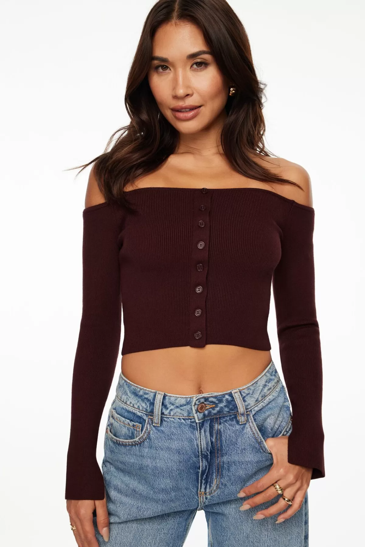 Dynamite Alice Off Shoulder Cardigan Burgundy Fashion