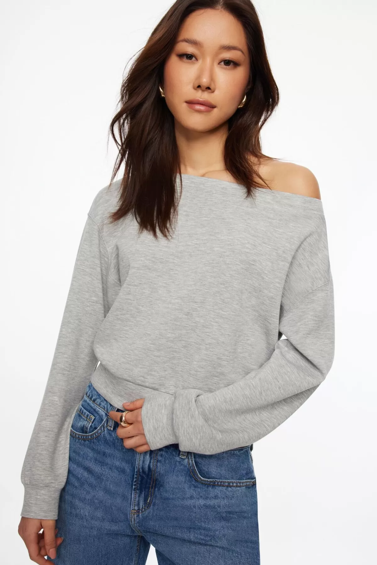 Dynamite Anywear Scuba Off Shoulder Sweatshirt Gray Discount