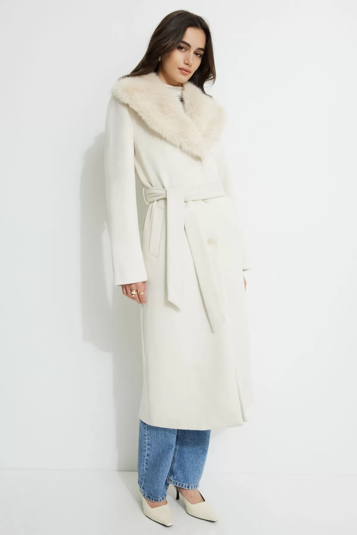 Dynamite Belted Faux Fur Collar Coat White Cheap