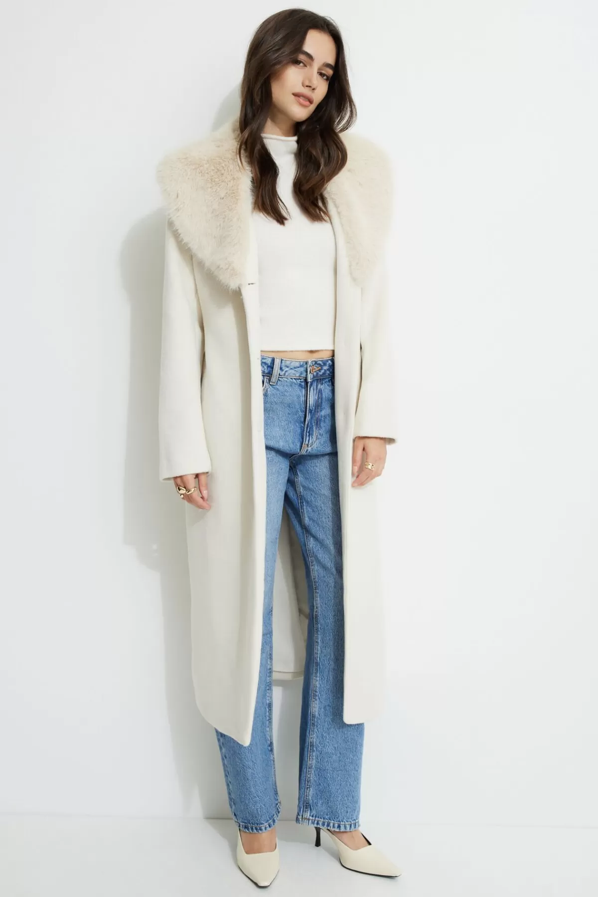 Dynamite Belted Faux Fur Collar Coat White Cheap