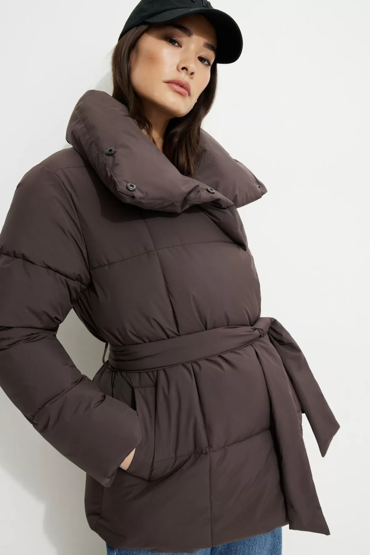 Dynamite Belted Midi Puffer Jacket Brown Cheap