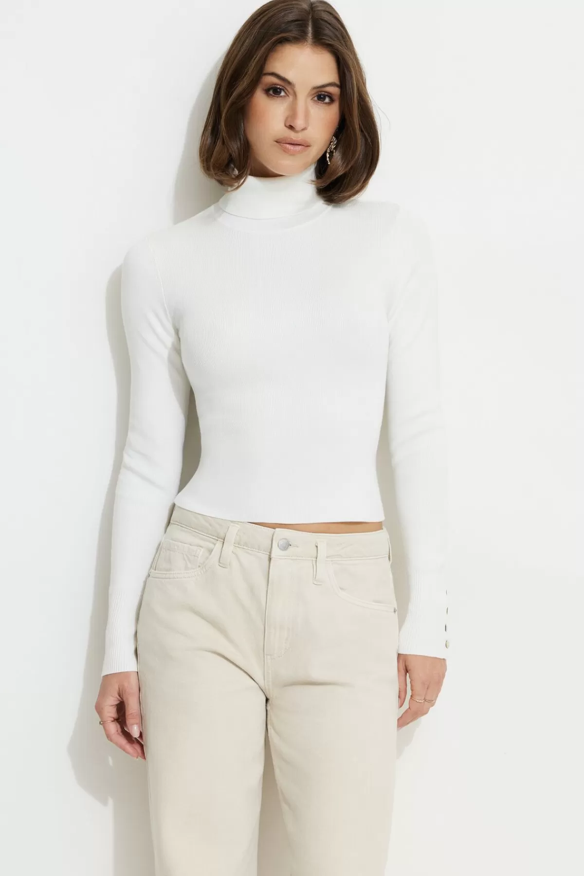 Dynamite Button Cuff Turtleneck Sweater White Cheap