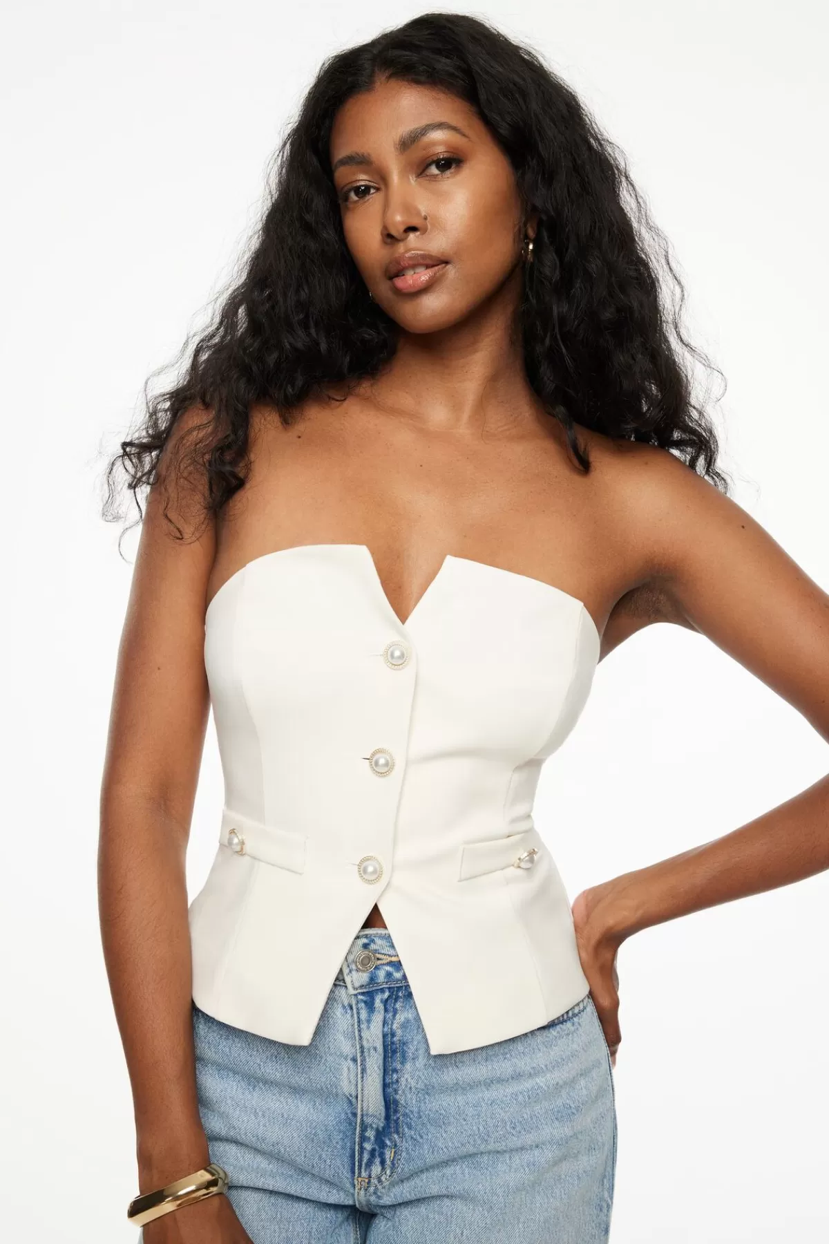 Dynamite Buttoned Corset Tube Top White Sale