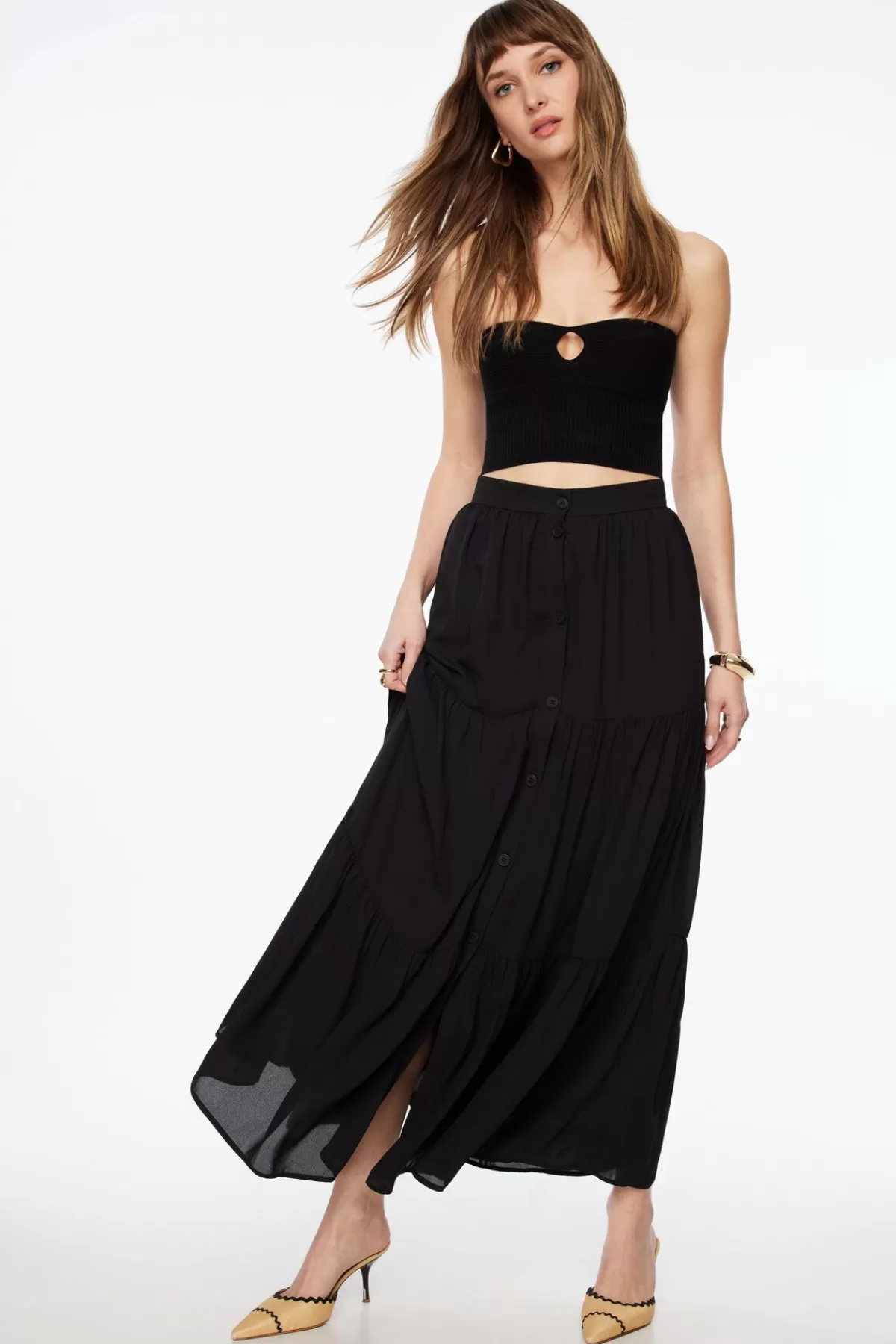 Dynamite Buttoned Tiered Maxi Skirt Black Online