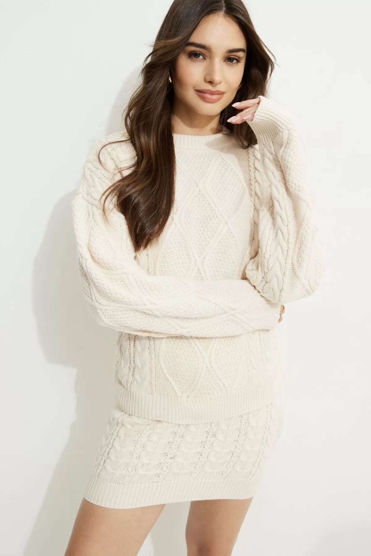 Dynamite Cable Knit Crewneck Sweater White Flash Sale