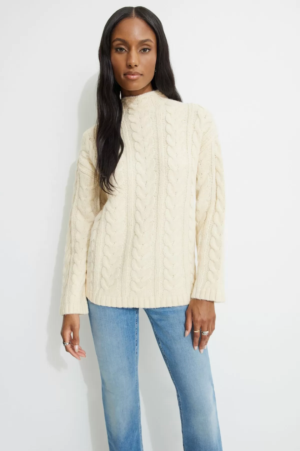 Dynamite Cable Knit Mock Neck Sweater White Best