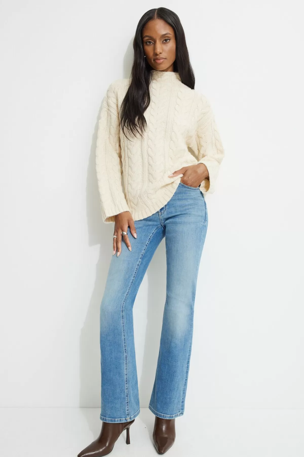 Dynamite Cable Knit Mock Neck Sweater White Best