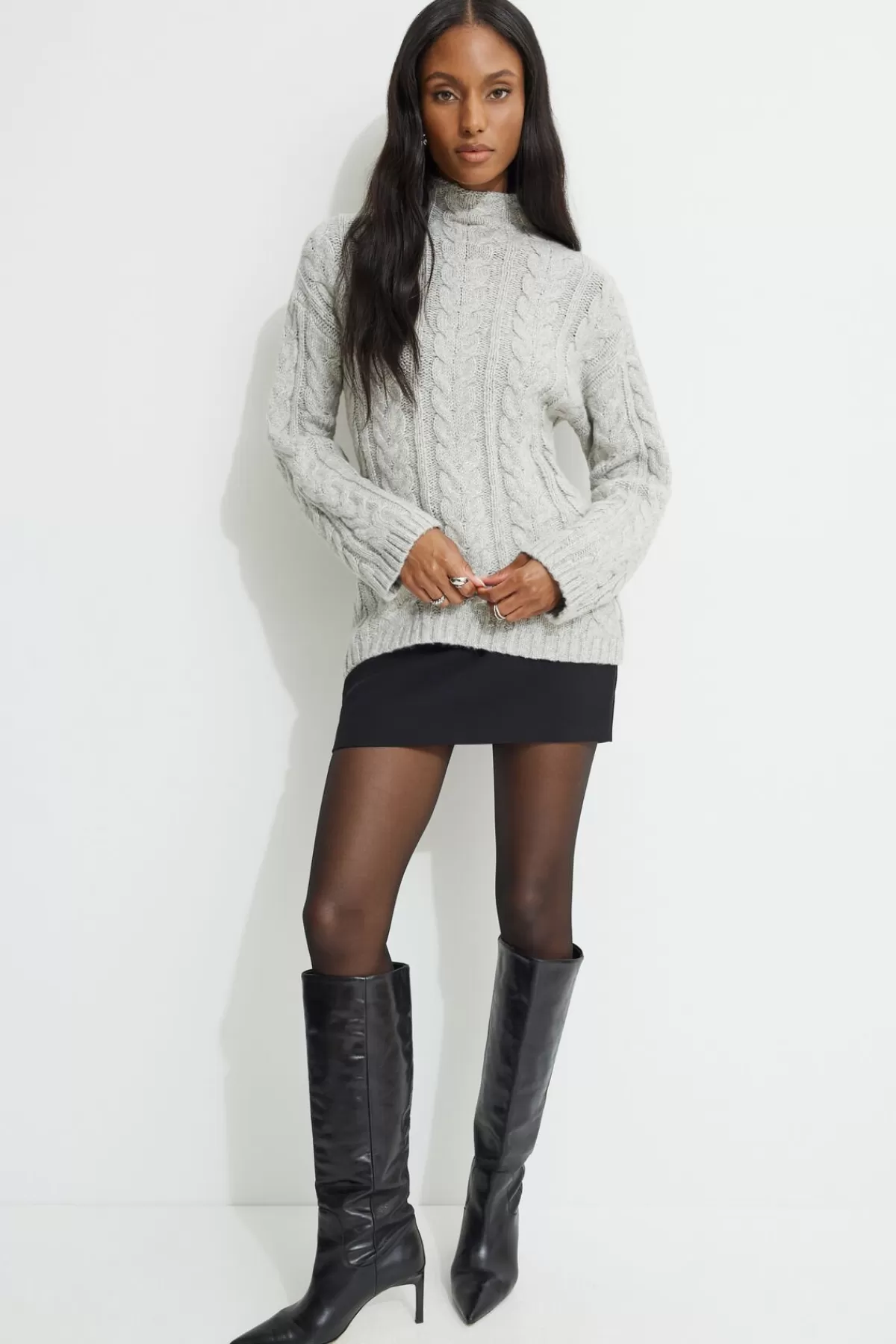 Dynamite Cable Knit Mock Neck Sweater Gray Outlet