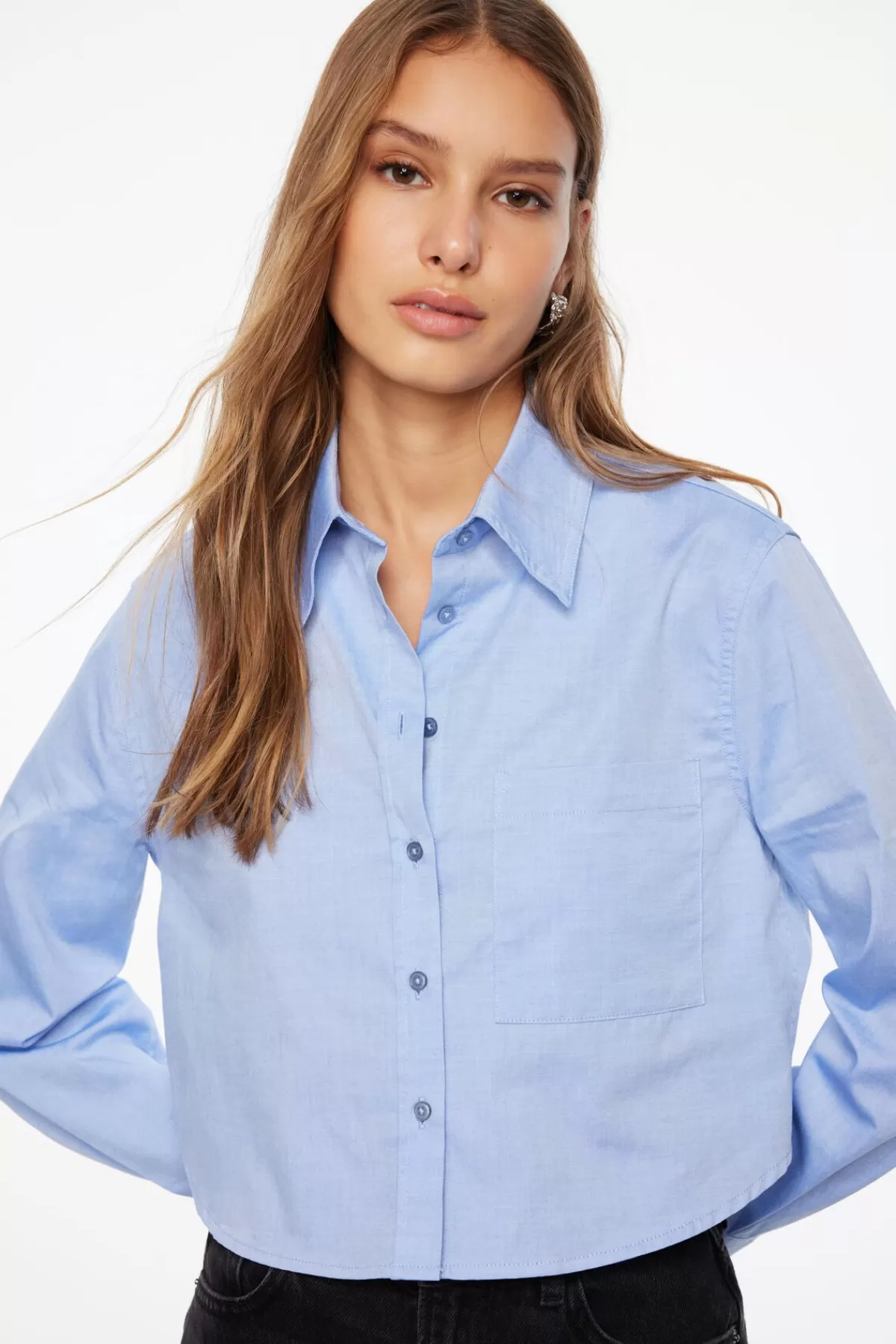 Dynamite Chambray Crop Shirt Blue Outlet