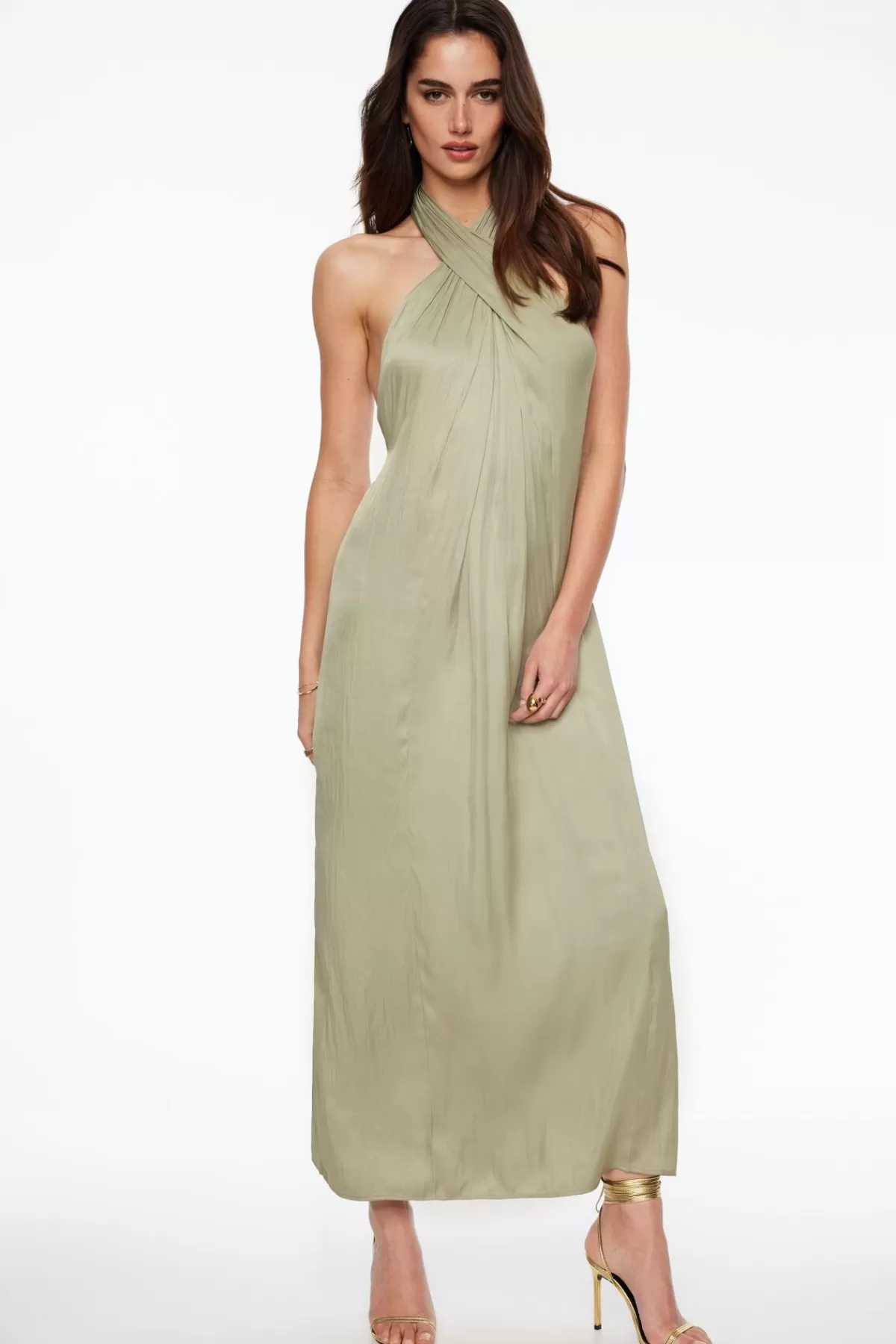 Dynamite Crinkled Halter Satin Maxi Dress Green Cheap