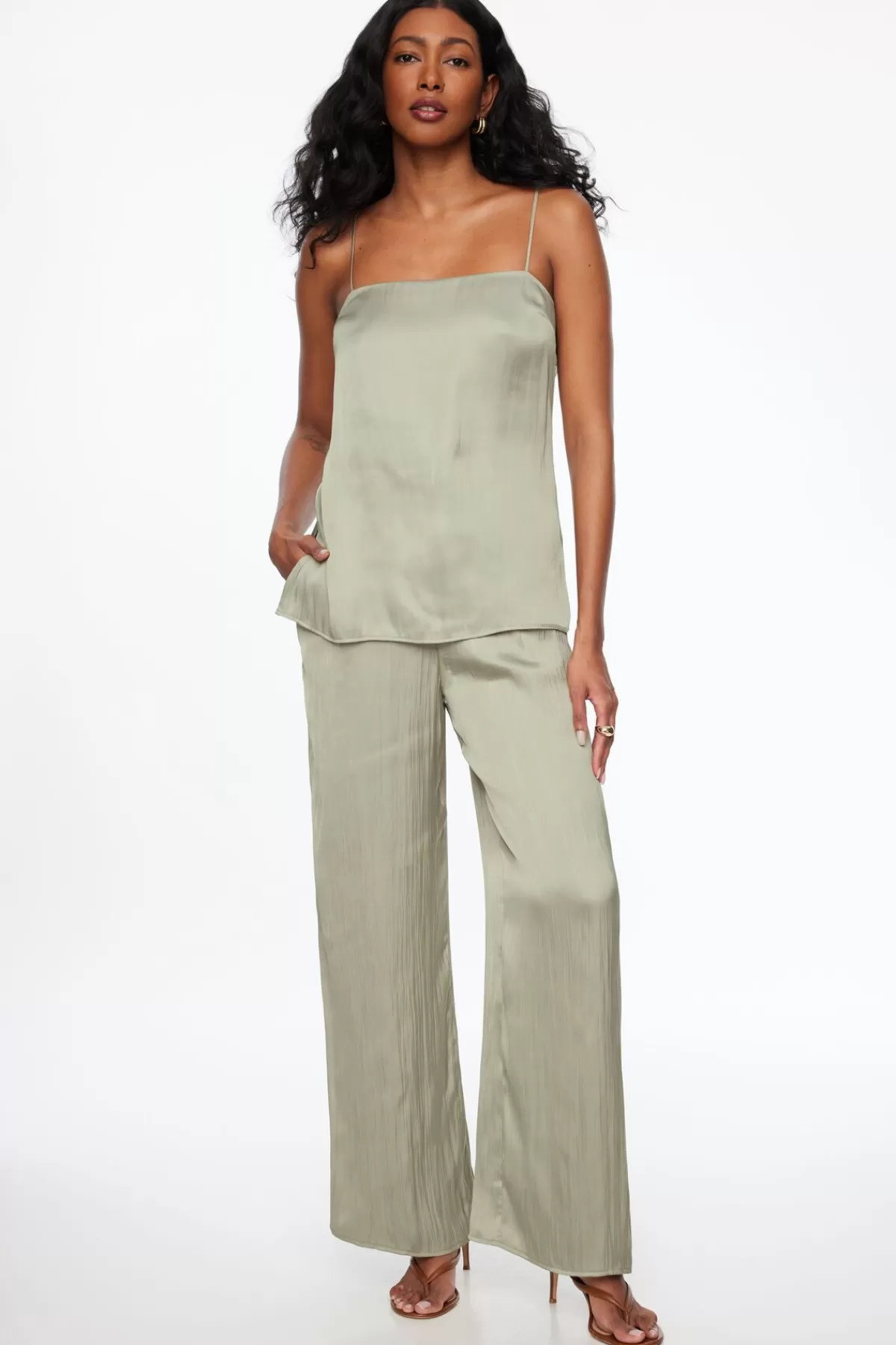 Dynamite Crinkled Wide Leg Satin Pants Green Hot