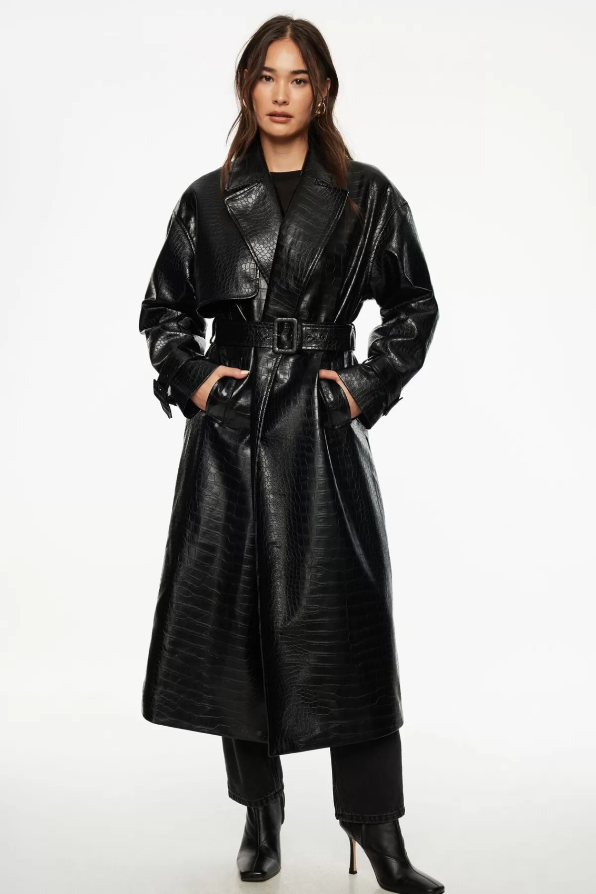 Dynamite Crocodile Faux Leather Military Trench Coat Black Shop