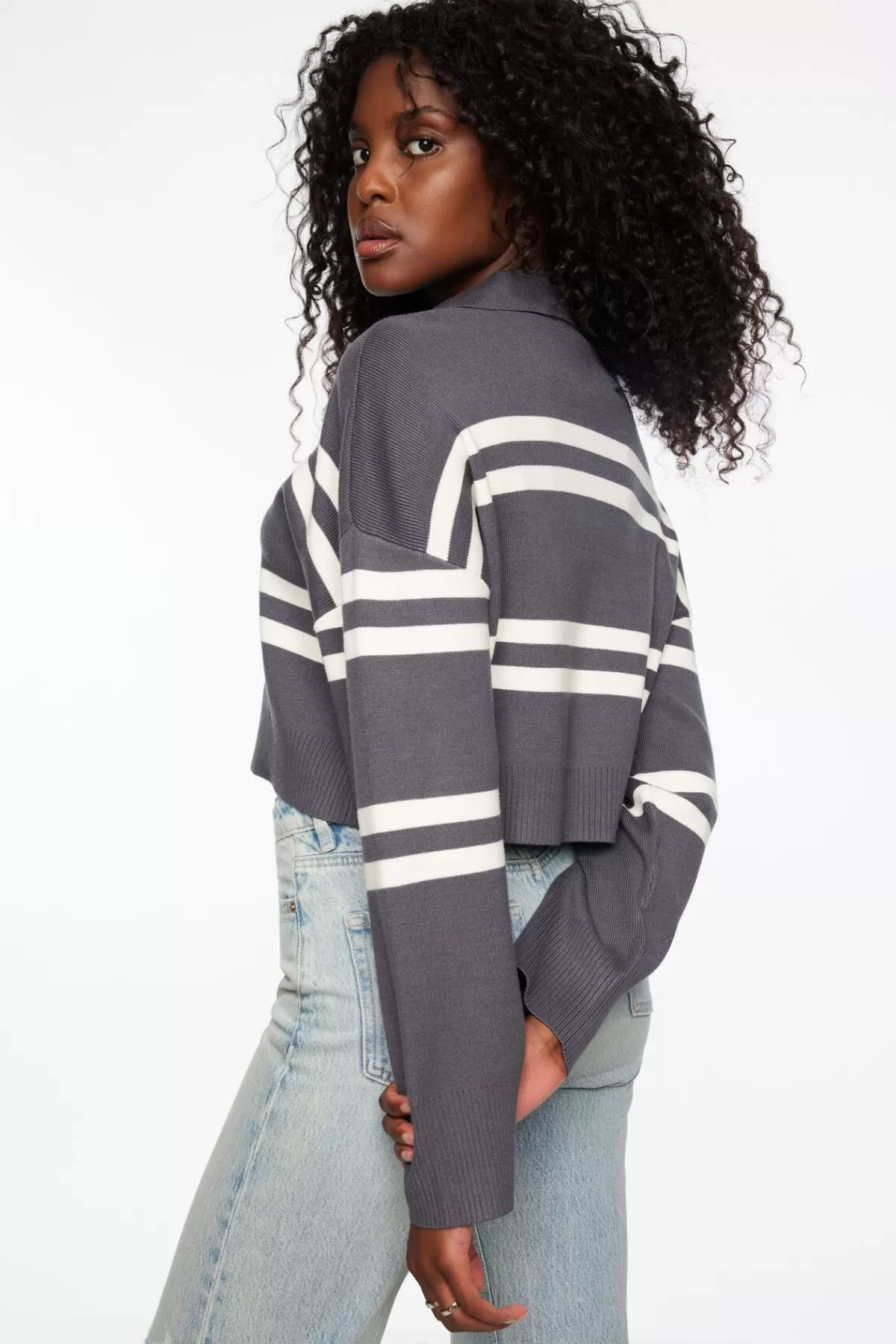 Dynamite Cropped Polo Sweater Gray Flash Sale