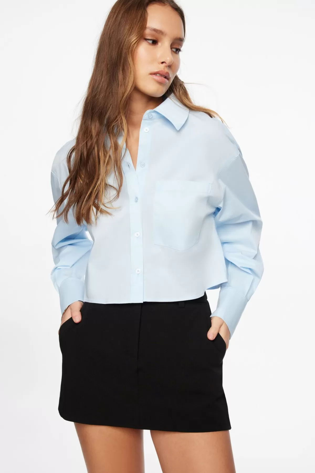 Dynamite Dalia Cropped Shirt Blue Cheap