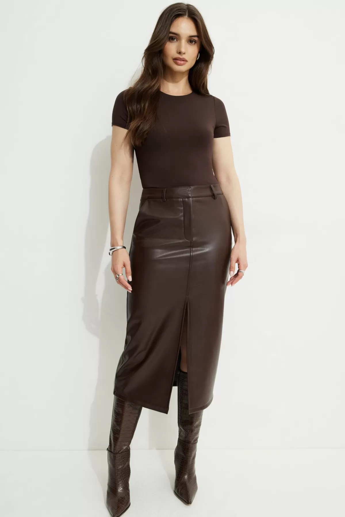 Dynamite Danbi Faux Leather Midi Skirt Brown New