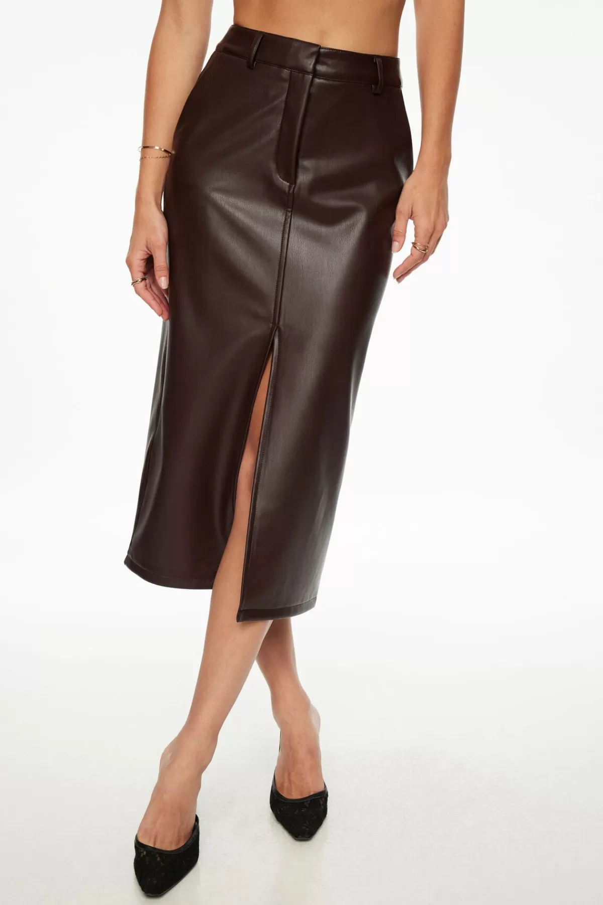 Dynamite Danbi Faux Leather Midi Skirt Brown New