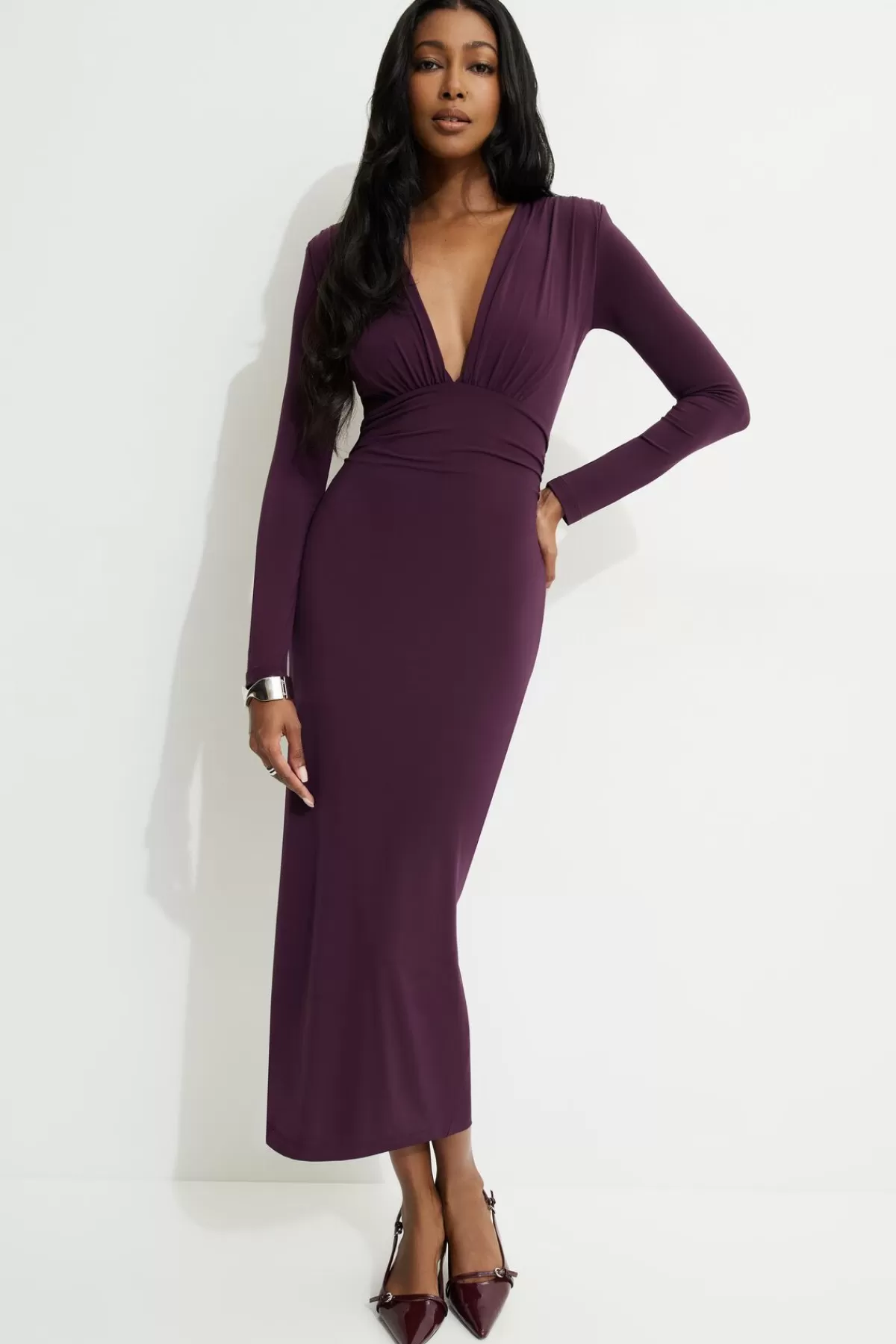 Dynamite Deep V Maxi Dress Burgundy Clearance