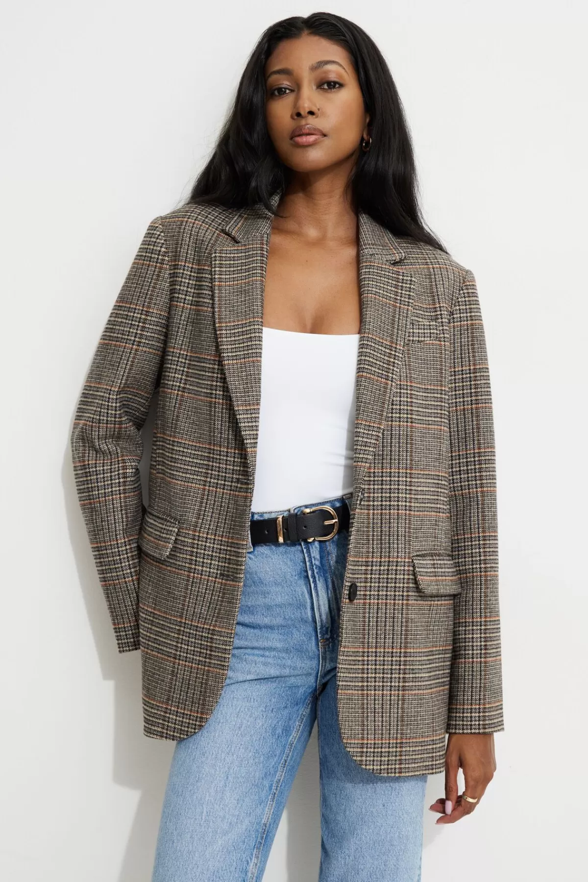 Dynamite Diana Plaid Oversized Blazer Brown Best Sale