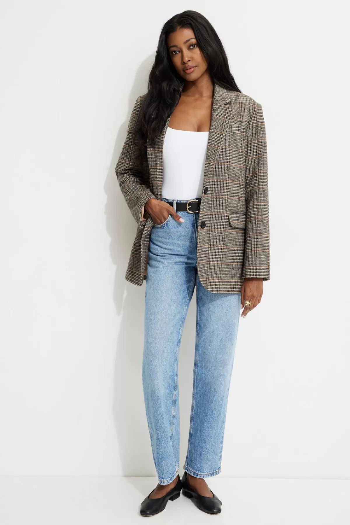 Dynamite Diana Plaid Oversized Blazer Brown Best Sale