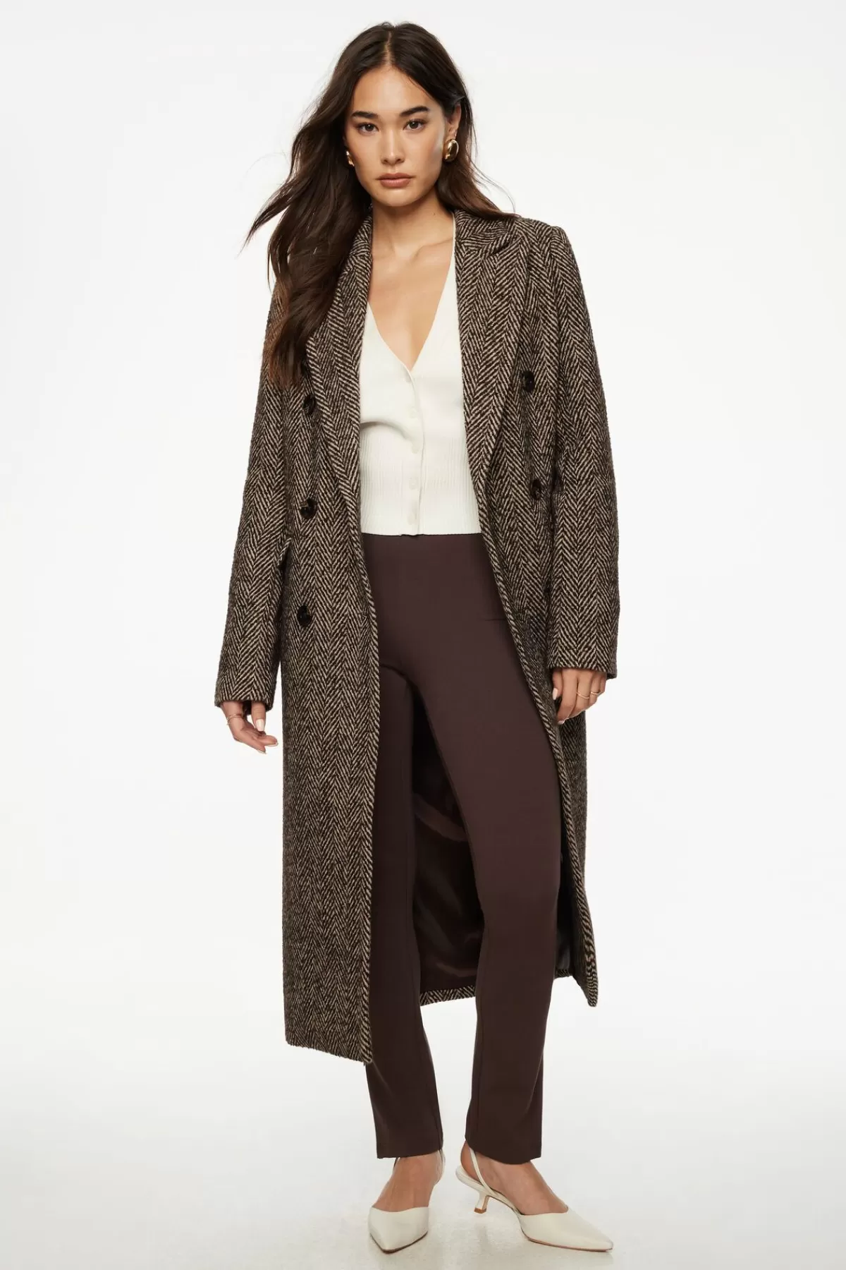 Dynamite Double Breasted Herringbone Coat Brown Flash Sale