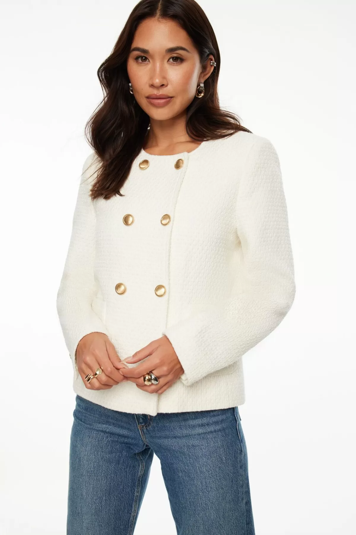 Dynamite Double Breasted Tweed Blazer White Clearance