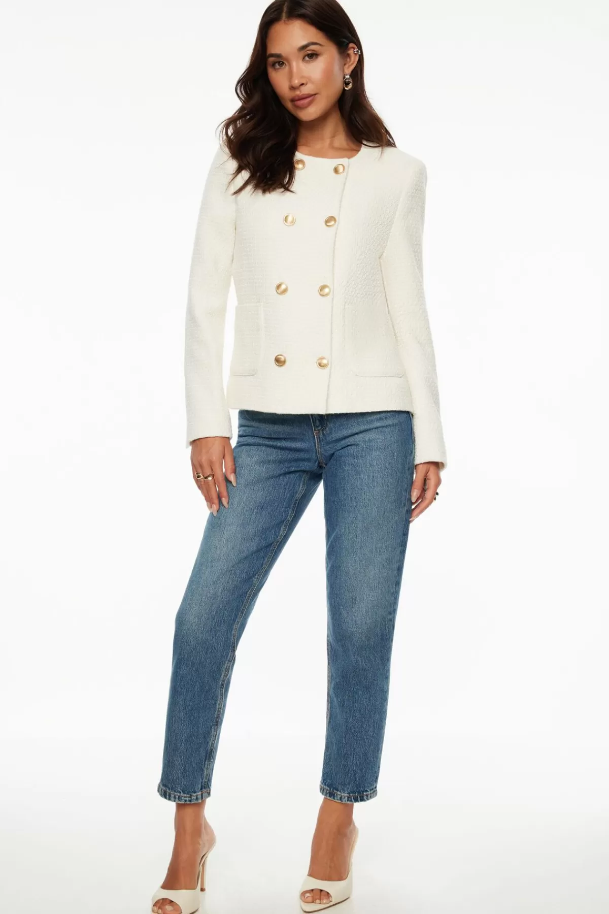 Dynamite Double Breasted Tweed Blazer White Clearance