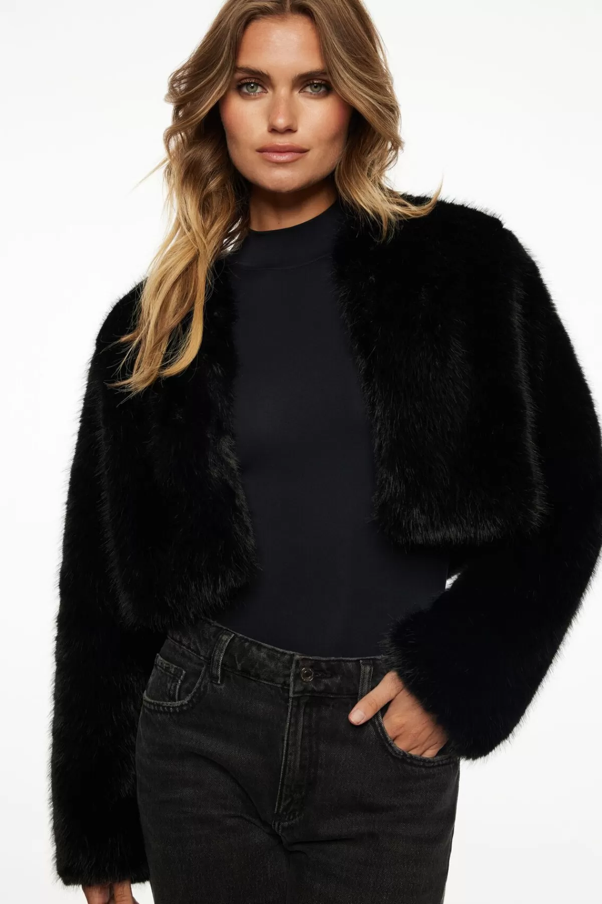 Dynamite Faux Fur Cropped Jacket Black Fashion