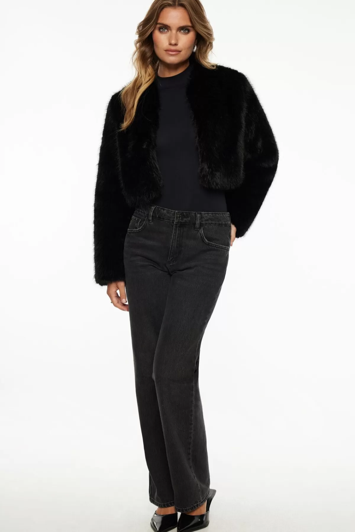 Dynamite Faux Fur Cropped Jacket Black Fashion