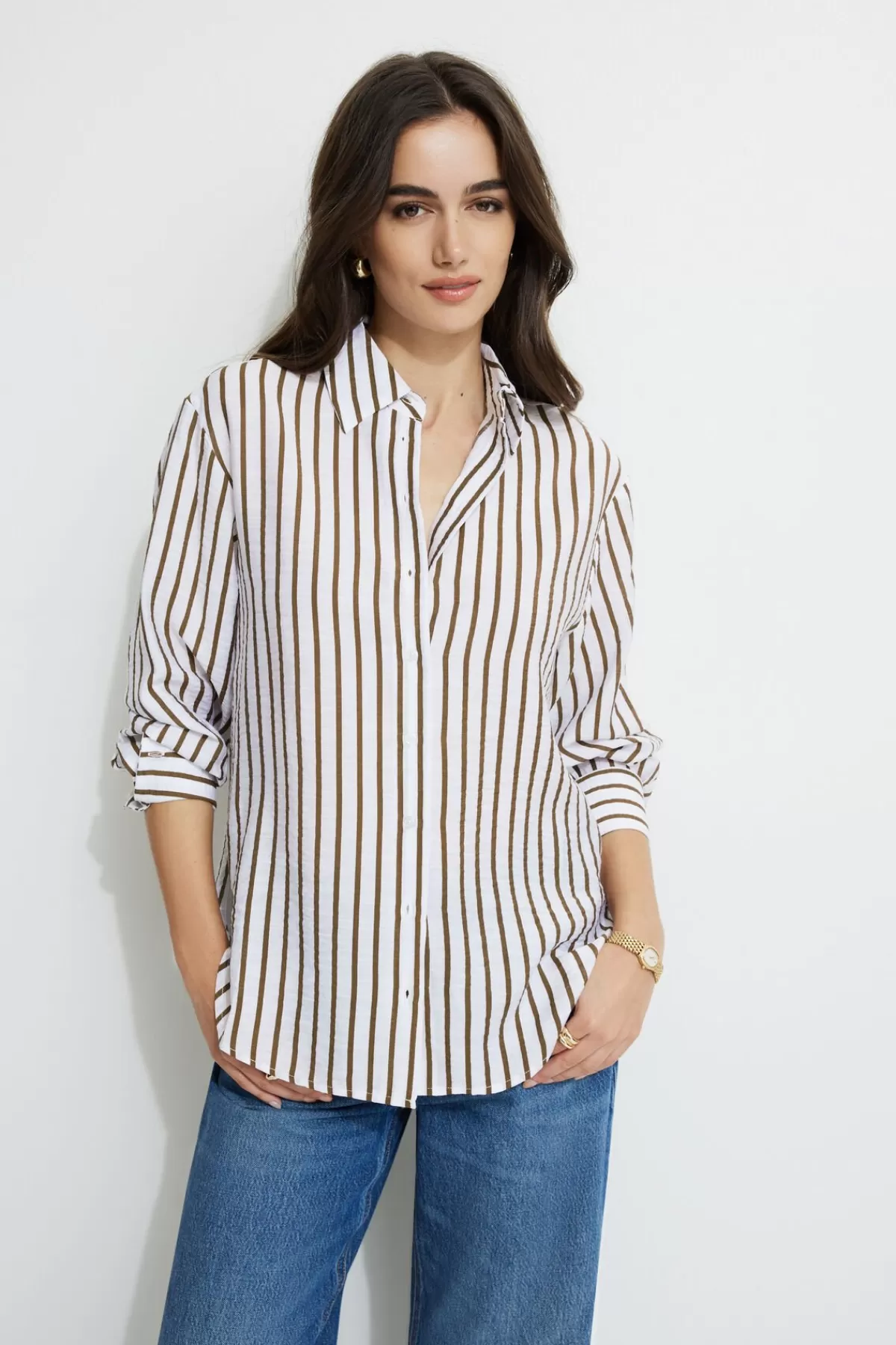 Dynamite Frida Airflow Stripe Shirt Brown Fashion