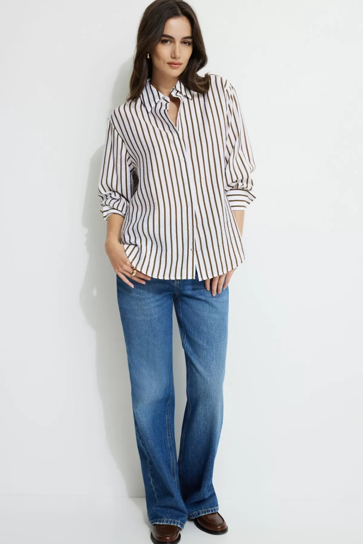 Dynamite Frida Airflow Stripe Shirt Brown Fashion