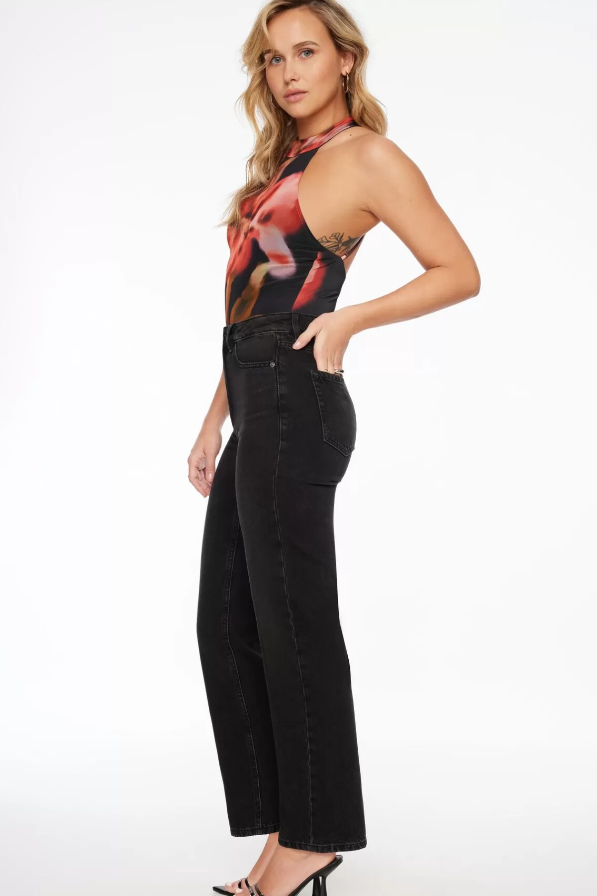 Dynamite Halter Open Back Mesh Bodysuit Black Sale