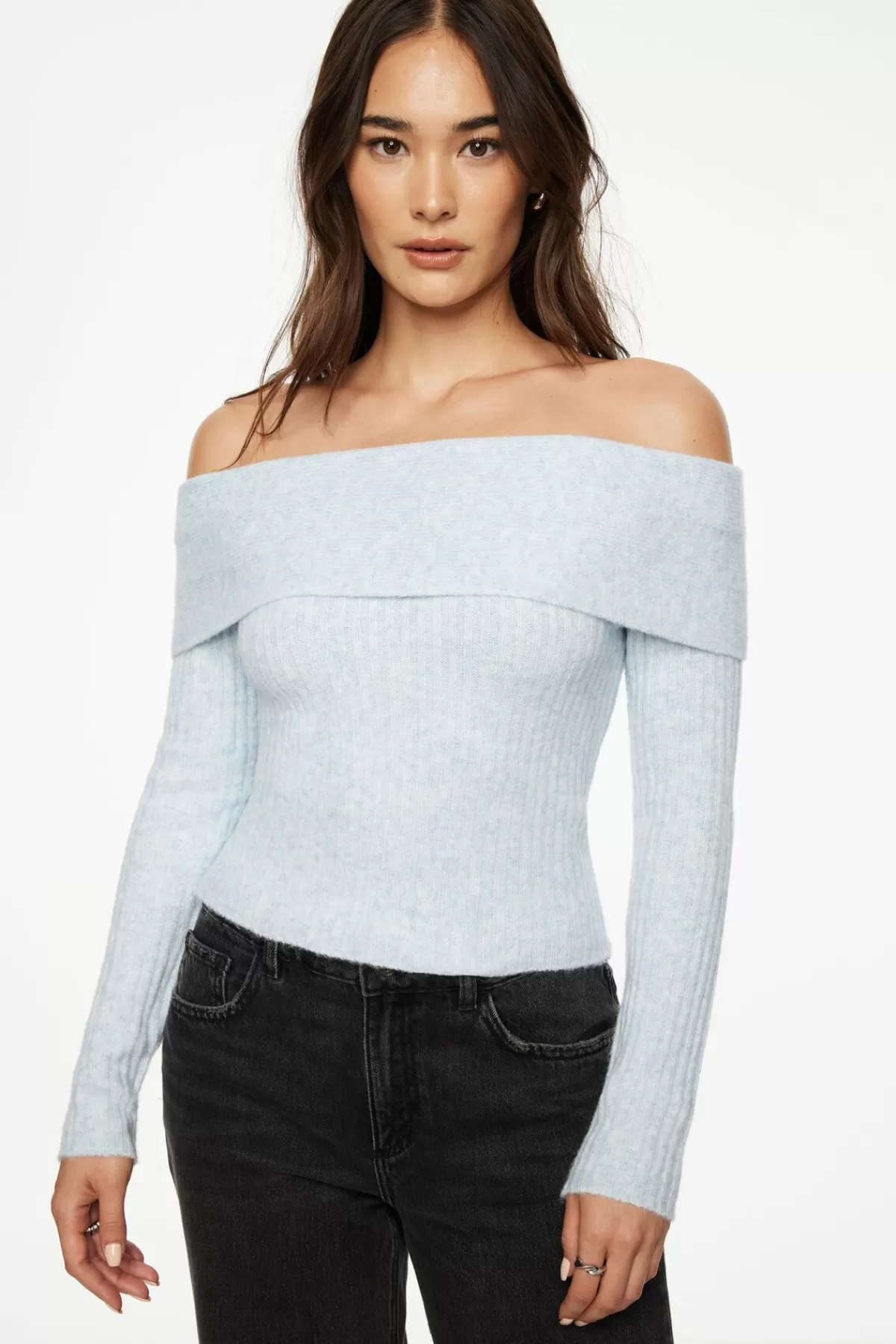 Dynamite Heavenlyarn™ Laura Off Shoulder Sweater Blue New