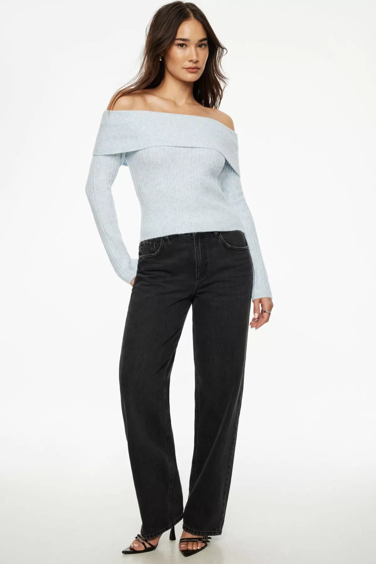 Dynamite Heavenlyarn™ Laura Off Shoulder Sweater Blue New