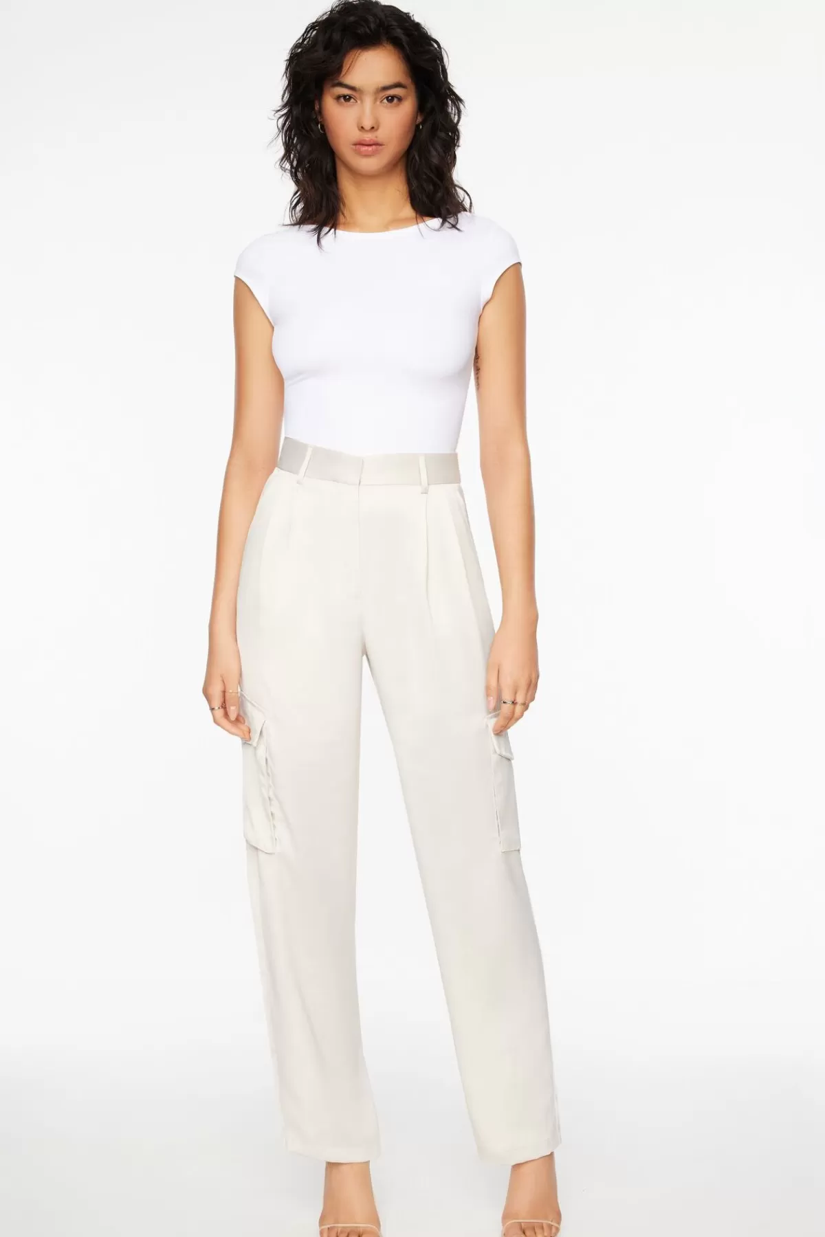 Dynamite Izabel Satin Straight Leg Cargo Pants Beige Shop