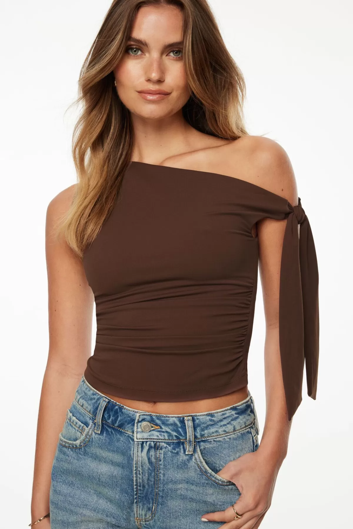 Dynamite Jersey Single Shoulder Tie Top Brown Best Sale