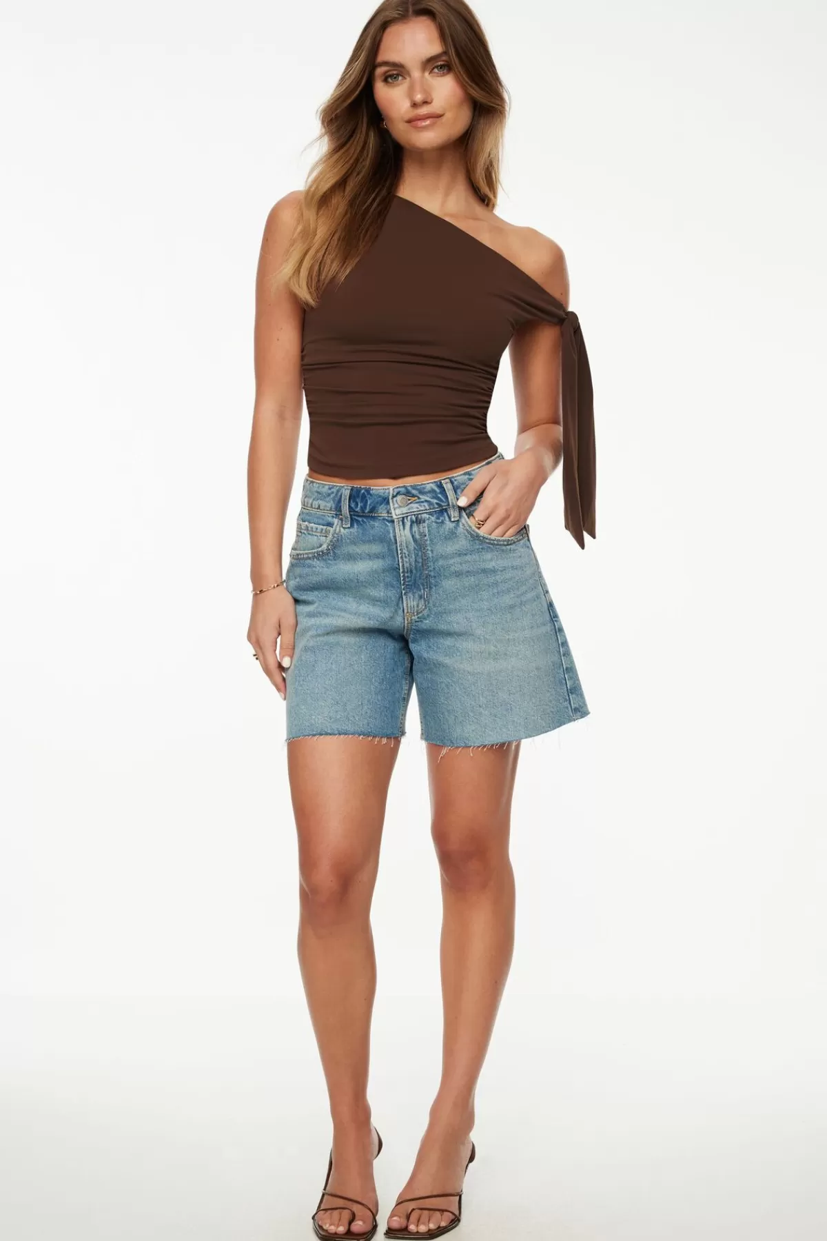 Dynamite Jersey Single Shoulder Tie Top Brown Best Sale