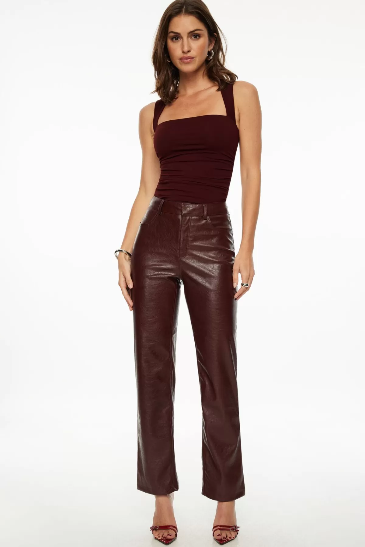 Dynamite Justina Straight Faux Leather Pants Burgundy Store