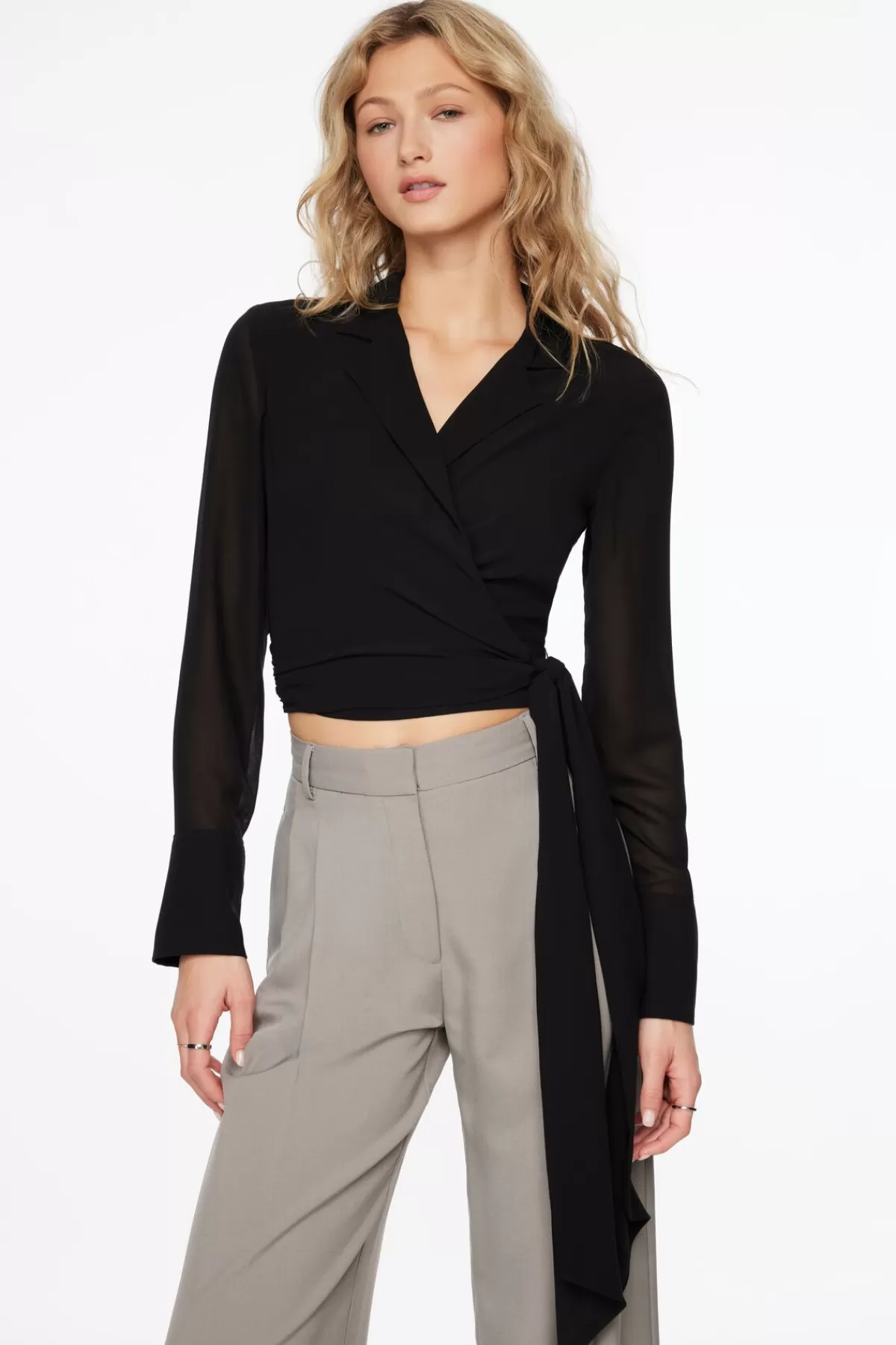 Dynamite Long Sleeve Collared Wrap  Blouse Black Hot