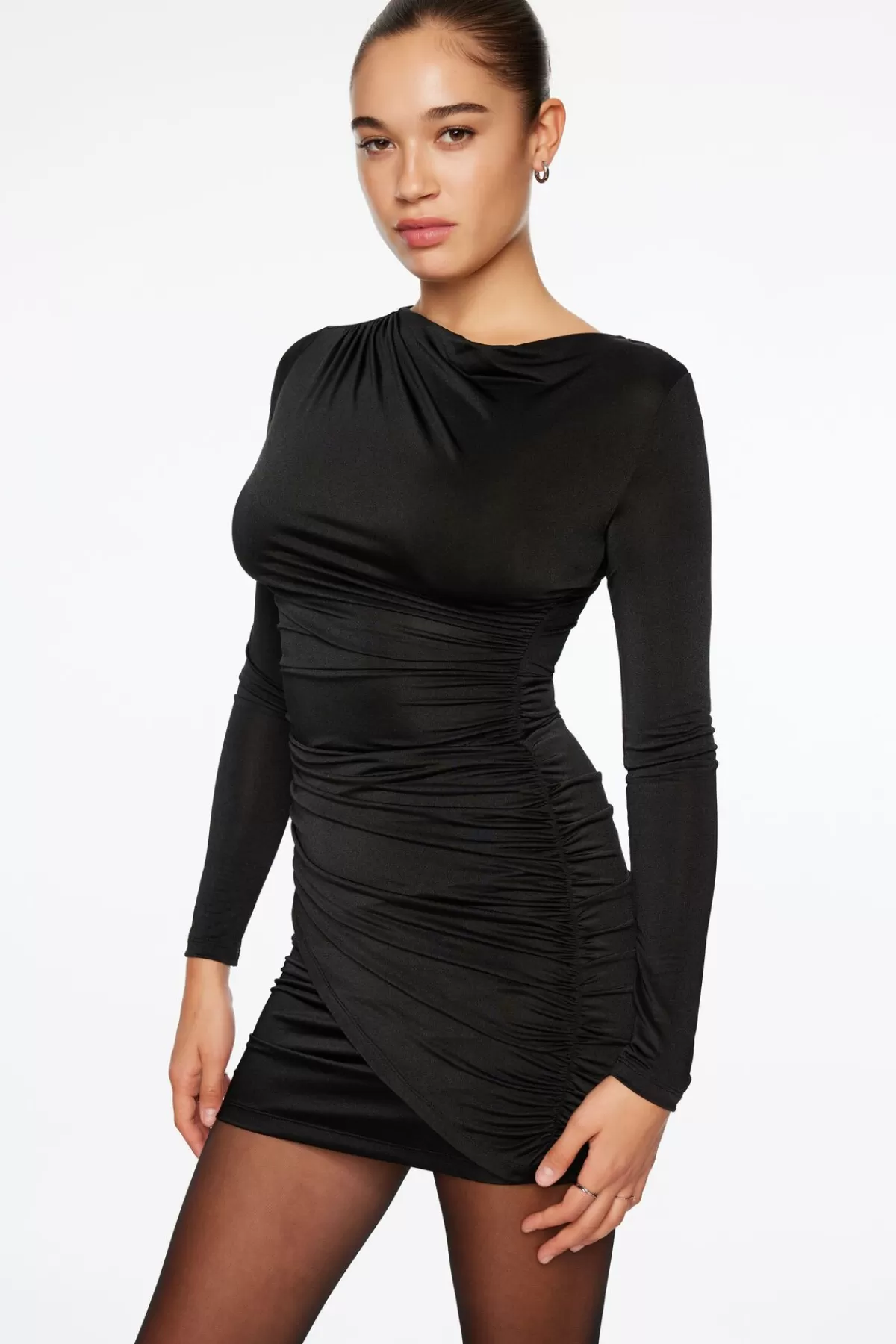 Dynamite Long Sleeve Draped Mini Dress Black Store