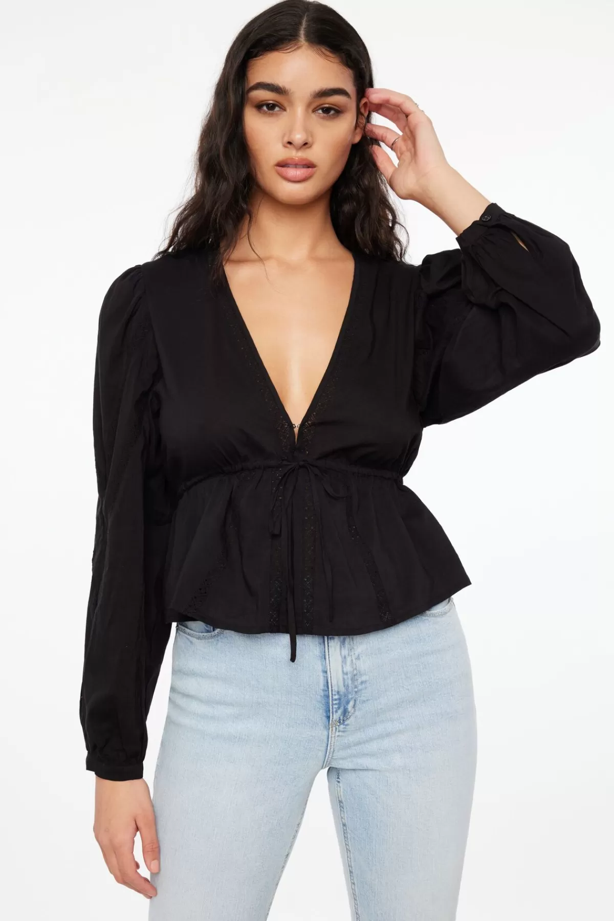 Dynamite Long Sleeve Peplum Blouse Black Sale