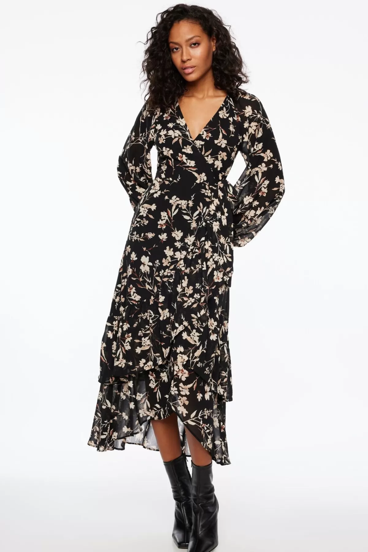 Dynamite Long Sleeve Ruffled Wrap Dress Black Online