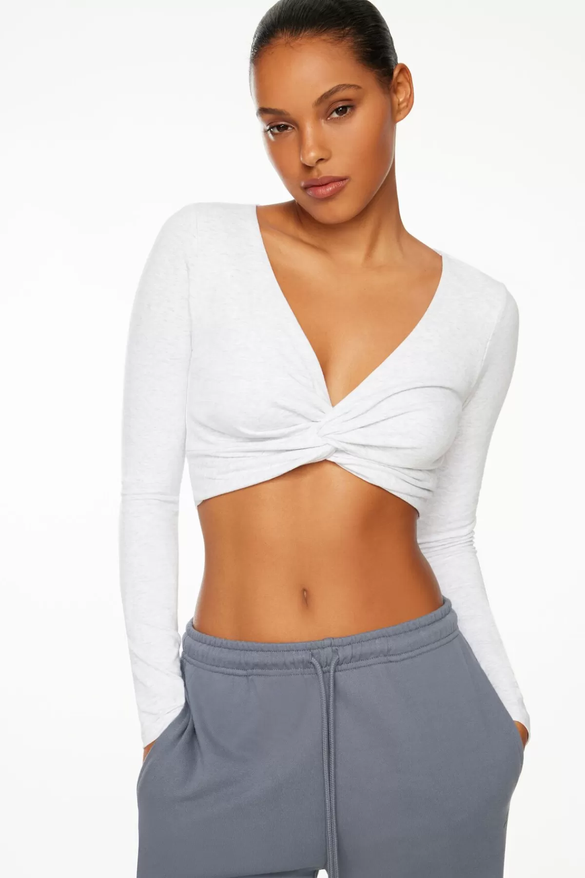 Dynamite Long Sleeve Twist Front Crop Top Gray Online