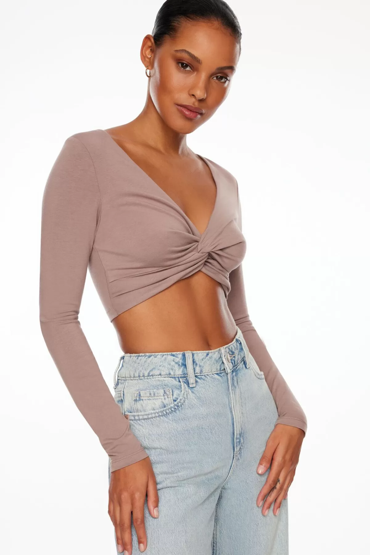 Dynamite Long Sleeve Twist Front Crop Top Gray Cheap