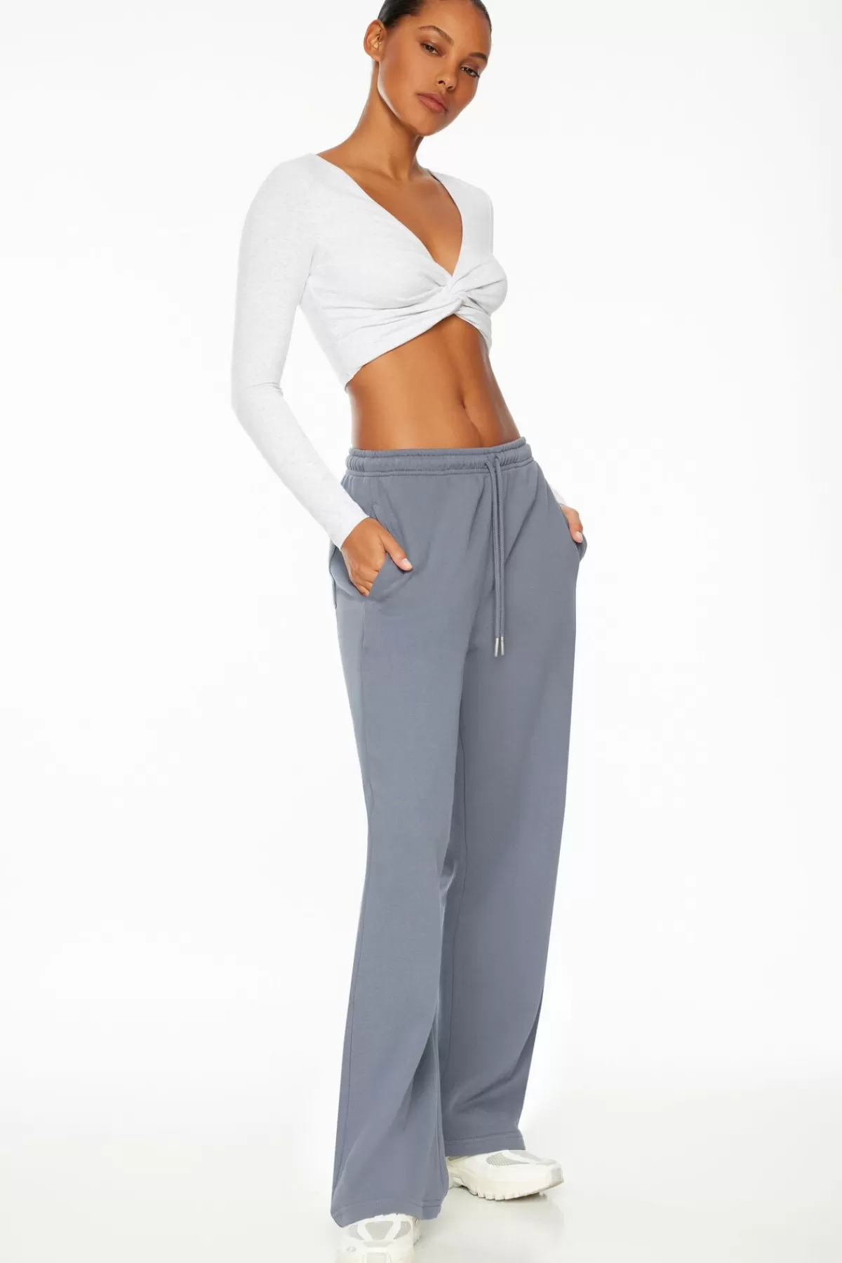 Dynamite Long Sleeve Twist Front Crop Top Gray Online