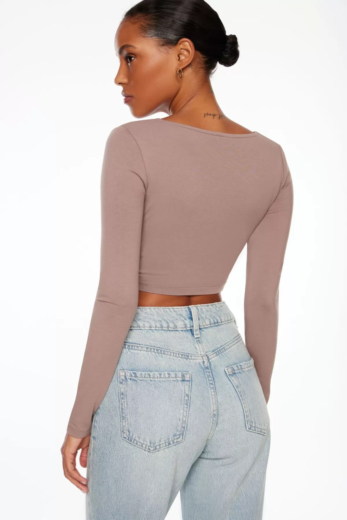 Dynamite Long Sleeve Twist Front Crop Top Gray Cheap