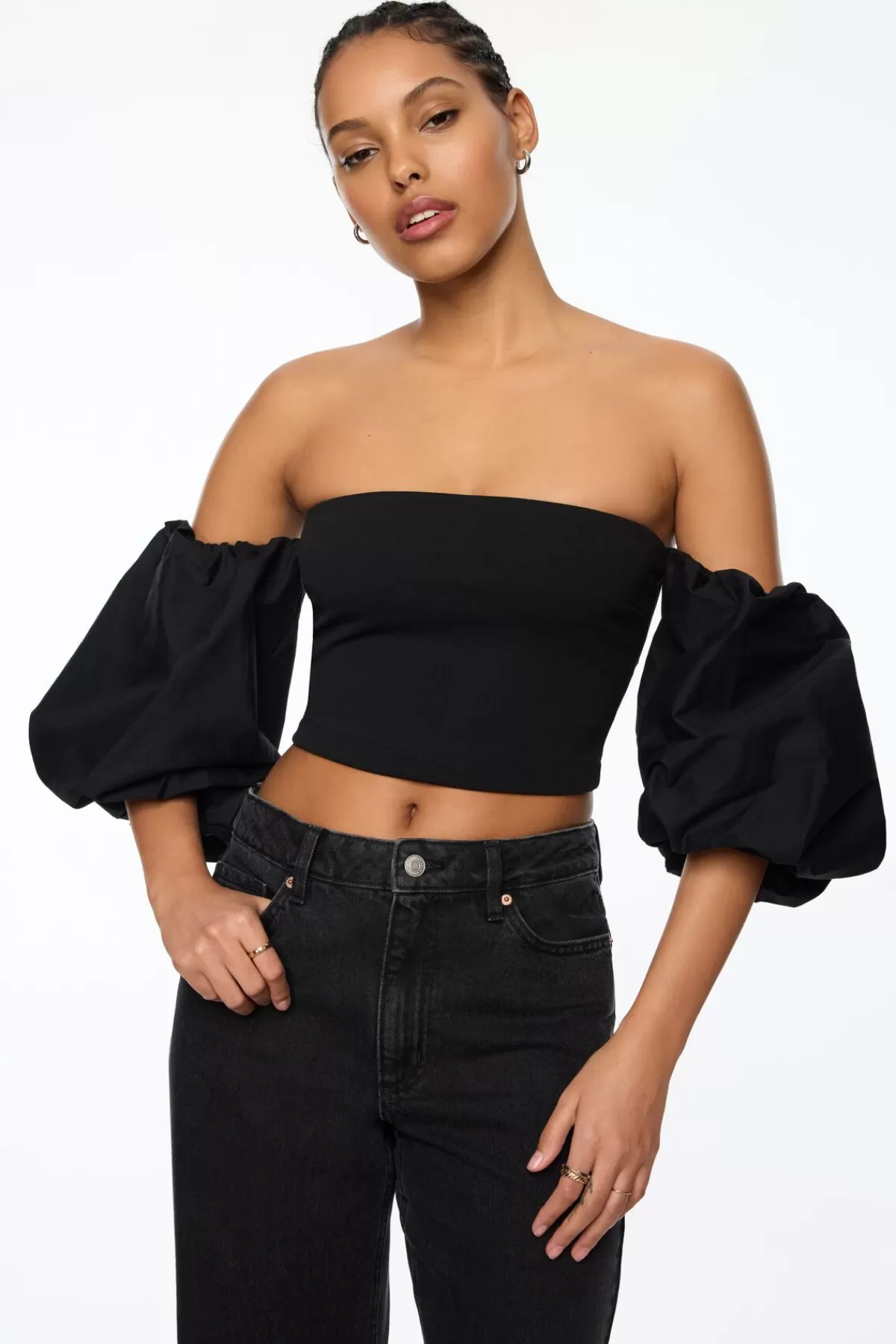 Dynamite Madison Off Shoulder Poplin Sleeve Top Black Shop