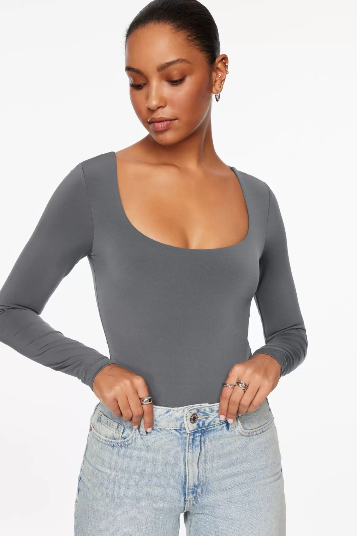 Dynamite Maren Sculpt Square Neck Bodysuit Blue Fashion