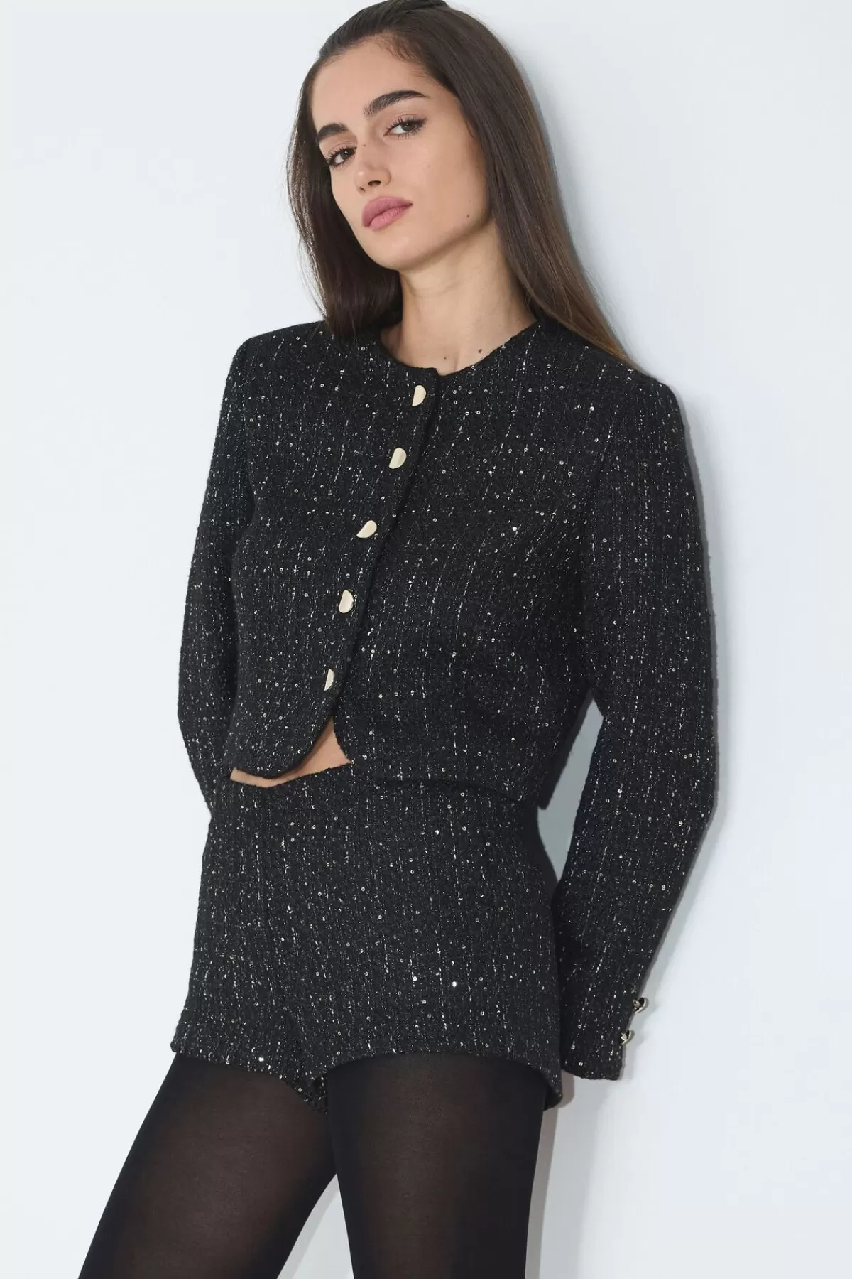 Dynamite Margaux Metallic Tweed Cropped Blazer Black Hot